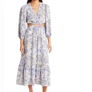 Floret Studios Floral Long Sleeve Cutout Waist Dress Blue Multi Floral XL NEW